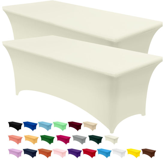 Picture of Utopia Kitchen Spandex Tablecloth 2 Pack [8FT, Ivory] Tight, Fitted, Washable and Wrinkle Resistant Stretch Rectangular Patio Table Cover for Event, Wedding, Banquet & Parties [96Lx30Wx30H Inch]