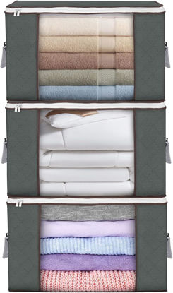 Picture of Large Storage Bags, 3 Pack Clothes Storage Bins Foldable Closet Organizers Storage Containers with Durable Handles Thick Fabric for Blanket Comforter Clothing Bedding 90 L (Gray)