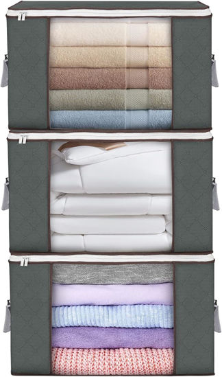 Picture of Large Storage Bags, 3 Pack Clothes Storage Bins Foldable Closet Organizers Storage Containers with Durable Handles Thick Fabric for Blanket Comforter Clothing Bedding 90 L (Gray)