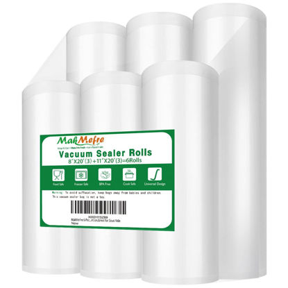 Picture of MakMeFre 6 Pack 8"x20'(3Rolls) and 11"x20' (3Rolls) Vacuum Sealer Bags Rolls for Food,Commercial Grade, BPA Free,Puncture Prevention,Great for Sous Vide Cooking