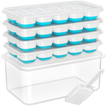 Picture of DOQAUS Ice Cube Tray with Lid and Bin, 4 Pack Silicone Plastic Ice Cubes Trays for Freezer with Box/Container, Stackable with Storage Iced Bucket Kits, Scoop, for Baby Food, Cocktail, Coffee