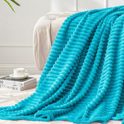 Picture of BEDELITE Fleece Throw Blanket for Couch - 3D Ribbed Jacquard Soft and Warm Decorative Fuzzy Blanket - Cozy, Fluffy, Plush Lightweight Blue Throw Blankets for Bed, Sofa, 50x60 inches