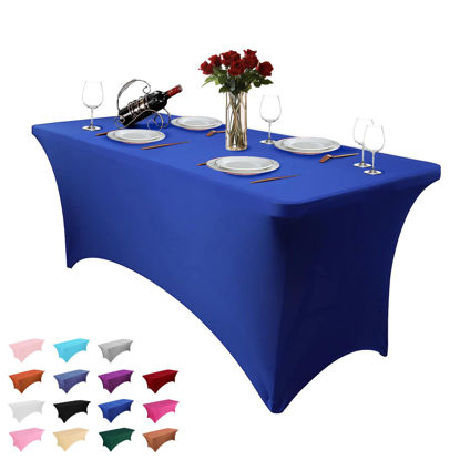 Picture of Hussome 4FT Table Cloth for Rectangular Tablecloth Royal Blue Stretch Fitted Table Cover Spandex Tablecloths Table Protector for Event, Cocktail, Wedding, Banquet or Parties