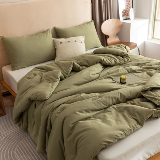 Picture of ROSGONIA Queen Comforter Set Olive Green, 3pcs Bedding Sets Queen (1 Boho Olive Comforter & 2 Pillowcases), All Season Lightweight Blanket Quilt