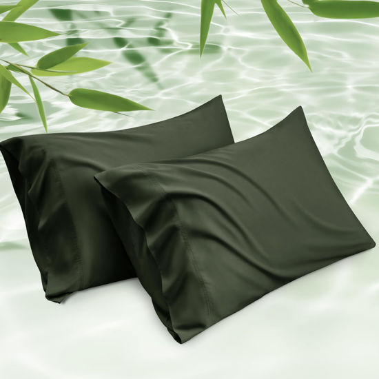 Picture of Bedsure Cooling Pillow Cases Queen Size Set of 2, Rayon Derived from Bamboo Cooling Pillowcases for Hot Sleepers, Soft & Silky Pillow Cover with Envelope Closure, Gift, Olive Green, 20x30 Inches