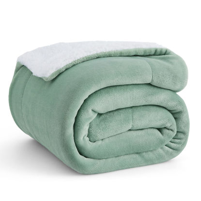 Picture of Bedsure Sherpa Fleece Throw Blanket for Couch - Thick and Warm, Soft Fuzzy Plush Throw Blanket for Winter, Sage Green, 50x60 Inches