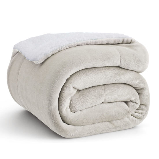 Picture of Bedsure Sherpa Fleece Throw Blanket for Couch - Thick and Warm, Soft Fuzzy Plush Throw Blanket for Winter, Linen, 50x60 Inches