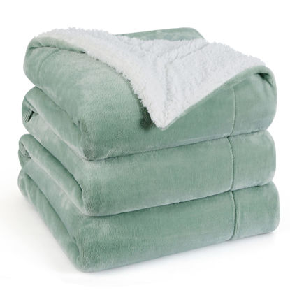 Picture of Bedsure Sherpa Fleece Blankets Queen Size for Bed - Thick and Warm, Soft Fuzzy Plush Queen Blanket for Winter, Sage Green, 90x90 Inches