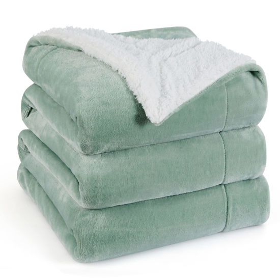 Picture of Bedsure Sherpa Fleece Blankets Queen Size for Bed - Thick and Warm, Soft Fuzzy Plush Queen Blanket for Winter, Sage Green, 90x90 Inches