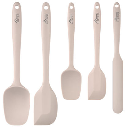 Picture of HOTEC High Heat Resistant Food Grade Silicone Rubber Spatula Set BPA Free for Baking, Cooking, and Mixing Non Stick Dishwasher Safe Set of 5, Khaki