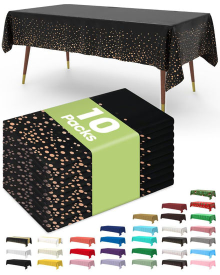 Picture of Pureegg Plastic Table Cloth Disposable 10 Pack, 54 x 108 Inch Table Cloths for Parties, Decorative Tablecloths for Rectangle Tables, Blue Plastic Table Cover, Leakproof & Sturdy, Black and Rosegold