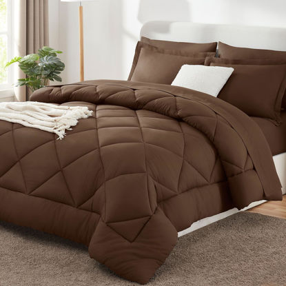 Picture of CozyLux King Comforter Set with Sheets 7 Pieces Bed in a Bag Brown All Season Bedding Sets with Comforter, Pillow Shams, Flat Sheet, Fitted Sheet and Pillowcases