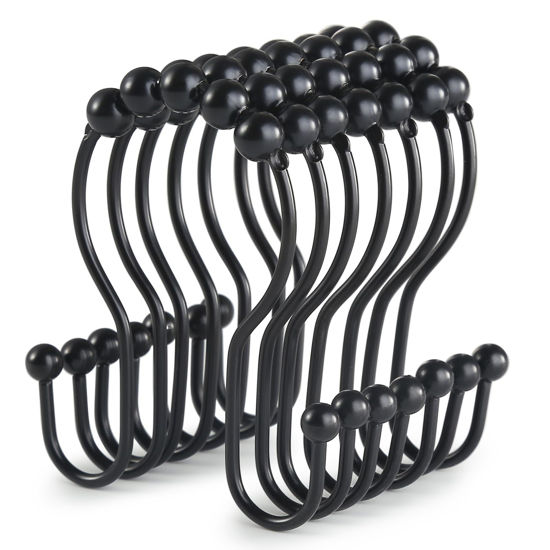 Picture of Goowin Shower Curtain Hooks, 12 Pcs Shower Curtain Rings, Stainless Steel Black Shower Curtain Hooks, Shower Curtain Rings Rust Proof, Smooth Sliding Anti-Drop Double Shower Rings for Curtain (Black)