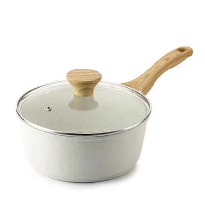 Picture of SENSARTE White Ceramic Nonstick Saucepan with Lid 1.5 Quarts, Small Cooking Pot with Stay Cool Handle, Induction Compatible Saucepot, White Granite Coating, PFOA/PFAS Free