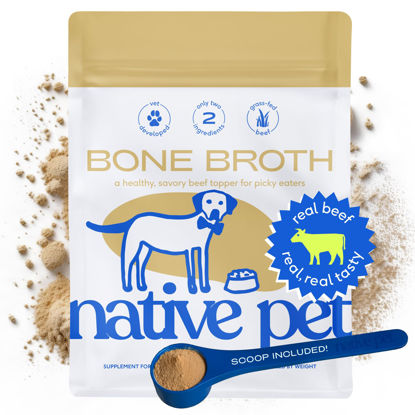 Picture of Native Pet Bone Broth for Dogs & Cats 19oz - Dog Bone Broth Powder - Dog Food Toppers for Picky Eaters - Cat Broth & Dog Broth - Beef Bone Broth for Cats - Pet Food - Beef Bone Broth Powder for Dogs