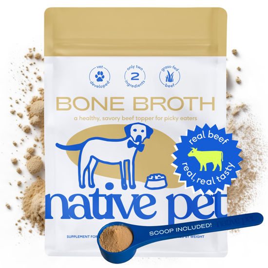 Picture of Native Pet Bone Broth for Dogs & Cats 19oz - Dog Bone Broth Powder - Dog Food Toppers for Picky Eaters - Cat Broth & Dog Broth - Beef Bone Broth for Cats - Pet Food - Beef Bone Broth Powder for Dogs
