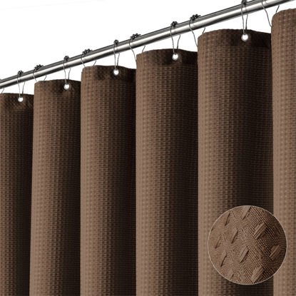 Picture of Dynamene Brown Fabric Shower Curtain - Waffle Weave Textured Heavy Duty Cloth, 256GSM Hotel Luxury Weighted Bath Curtain Set with 12 Plastic Hooks, for Bathroom, 72x72, Brown