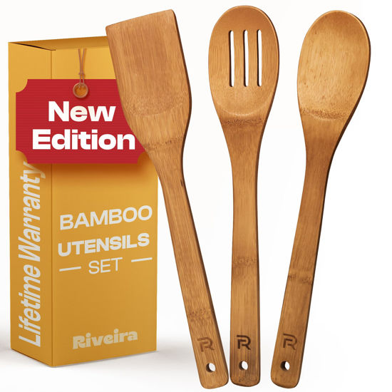 Picture of Riveira Dark Bamboo Wooden Spoons for Cooking 3-Piece, Apartment Essentials Wood Spatula Spoon Nonstick Kitchen Utensil Set Premium Quality Housewarming Gifts for Everyday Use