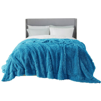 Picture of Bedsure Fluffy Bright Blue Blankets Queen Size for Bed, Thick Sherpa Faux Fur Fleece Fuzzy Plush Winter Warm Soft Full Queen Blankets, Bedroom Decor Blue Gifts Cozy Gifts for Women Men, 90x90