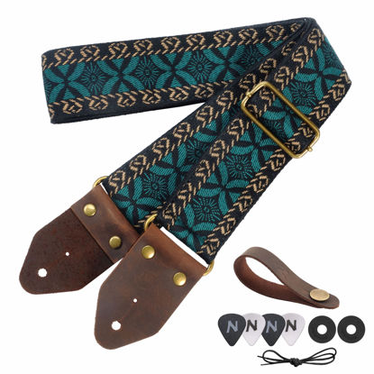 Picture of Nefelibata Guitar Strap,Jacquard Embroidery Cotton Guitar Straps with Crazy Horse Leather Leather Ends for Bass, Electric & Acoustic, Best Gifts for Kids, Guitarists(Embroidery green)