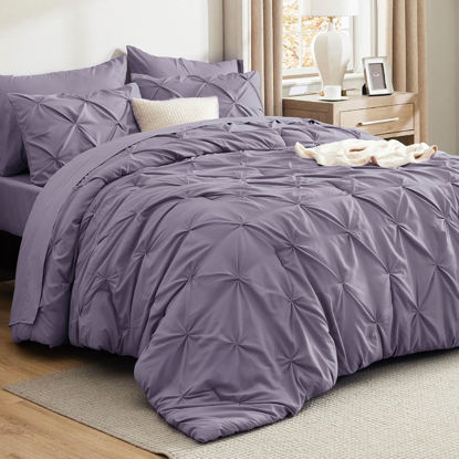 Picture of Bedsure Full Size Comforter Sets - Bedding Sets Full 7 Pieces, Pintuck Bed in a Bag Grayish Purple Bed Set with Comforter, Sheets, Pillowcases & Shams