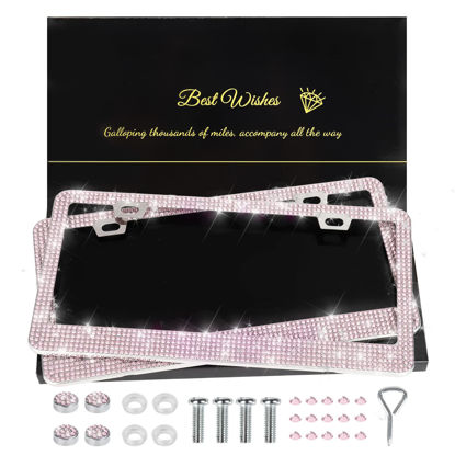 Picture of QUANQIUFEI 2 Pack Bling License Plate Frames for Women, Sparkly Rhinestone Diamond Car Accessories with Glitter Crystal Caps (Pink)