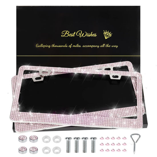 Picture of QUANQIUFEI 2 Pack Bling License Plate Frames for Women, Sparkly Rhinestone Diamond Car Accessories with Glitter Crystal Caps (Pink)