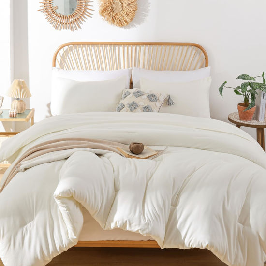 Picture of ROSGONIA Oversized King Comforter 128x120, 3pcs Super King Plus (1 Ivory Comforter & 2 Pillowcases) Lightweight Oversized King Bedding Set Blanket