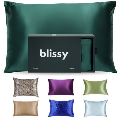 Picture of Blissy Silk Pillowcase - 100% Pure Mulberry Silk - 22 Momme 6A High-Grade Fibers - Silk Pillow Cover for Hair & Skin - Regular, Queen & King with Hidden Zipper (Queen, Emerald)
