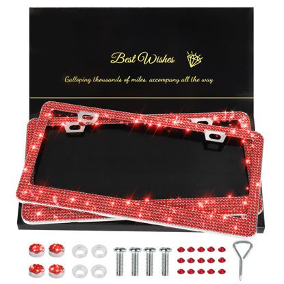 Picture of QUANQIUFEI 2 Pack Bling License Plate Frames for Women, Sparkly Rhinestone Diamond Car Accessories with Glitter Crystal Caps (Red)