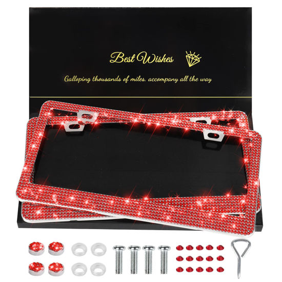 Picture of QUANQIUFEI 2 Pack Bling License Plate Frames for Women, Sparkly Rhinestone Diamond Car Accessories with Glitter Crystal Caps (Red)
