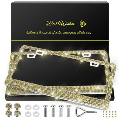 Picture of QUANQIUFEI 2 Pack Bling License Plate Frames for Women, Sparkly Rhinestone Diamond Car Accessories with Glitter Crystal Caps (Gold)