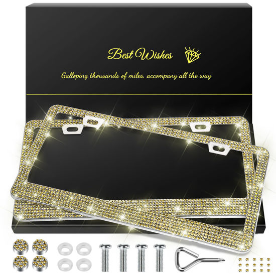 Picture of QUANQIUFEI 2 Pack Bling License Plate Frames for Women, Sparkly Rhinestone Diamond Car Accessories with Glitter Crystal Caps (Gold)