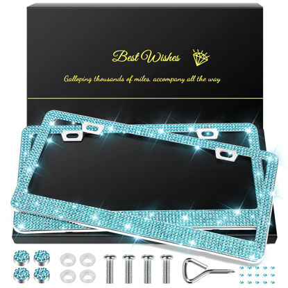 Picture of QUANQIUFEI 2 Pack Bling License Plate Frames for Women, Sparkly Rhinestone Diamond Car Accessories with Glitter Crystal Caps (Lake Blue)