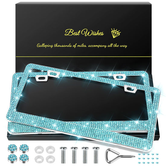 Picture of QUANQIUFEI 2 Pack Bling License Plate Frames for Women, Sparkly Rhinestone Diamond Car Accessories with Glitter Crystal Caps (Lake Blue)