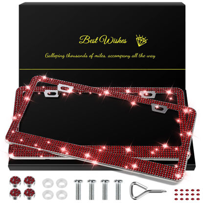 Picture of QUANQIUFEI 2 Pack Bling License Plate Frames for Women, Sparkly Rhinestone Diamond Car Accessories with Glitter Crystal Caps (Burgundy)