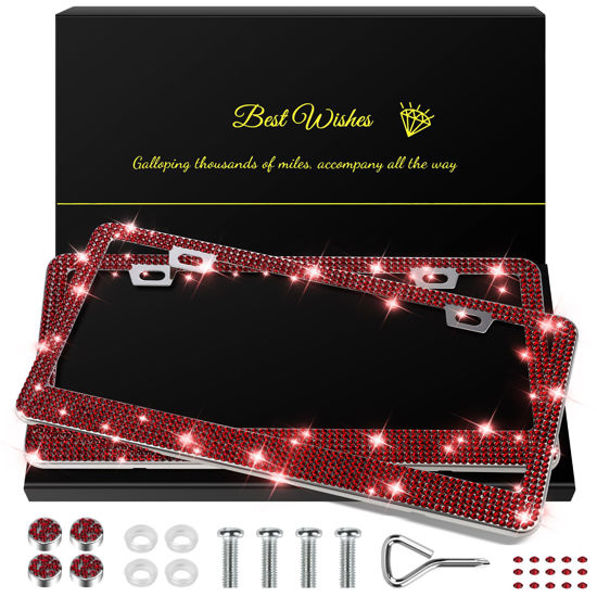 Picture of QUANQIUFEI 2 Pack Bling License Plate Frames for Women, Sparkly Rhinestone Diamond Car Accessories with Glitter Crystal Caps (Burgundy)