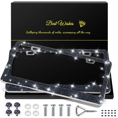 Picture of QUANQIUFEI 2 Pack Bling License Plate Frames for Women, Sparkly Rhinestone Diamond Car Accessories with Glitter Crystal Caps (Navy Blue)