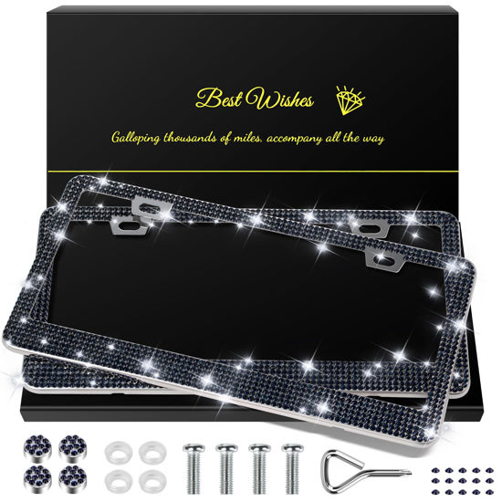 Picture of QUANQIUFEI 2 Pack Bling License Plate Frames for Women, Sparkly Rhinestone Diamond Car Accessories with Glitter Crystal Caps (Navy Blue)