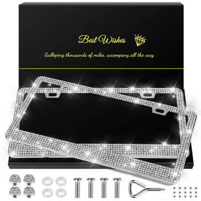 Picture of QUANQIUFEI 2 Pack Bling License Plate Frames for Women, Sparkly Rhinestone Diamond Car Accessories with Glitter Crystal Caps (Silver)