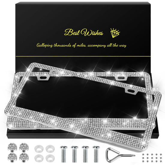 Picture of QUANQIUFEI 2 Pack Bling License Plate Frames for Women, Sparkly Rhinestone Diamond Car Accessories with Glitter Crystal Caps (Silver)
