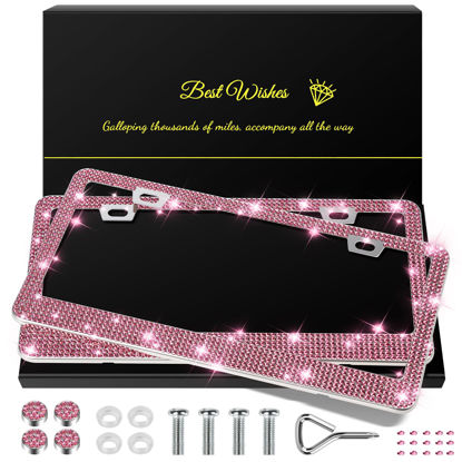Picture of QUANQIUFEI 2 Pack Bling License Plate Frames for Women, Sparkly Rhinestone Diamond Car Accessories with Glitter Crystal Caps (Dark Pink)