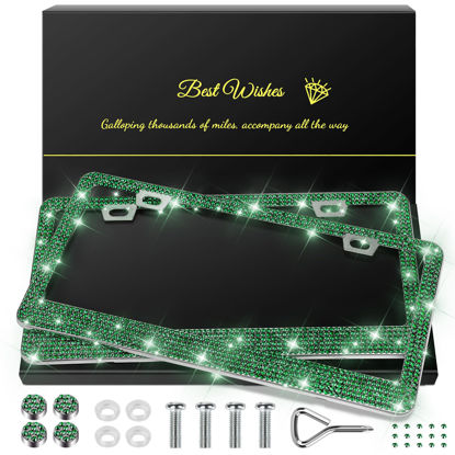Picture of QUANQIUFEI 2 Pack Bling License Plate Frames for Women, Sparkly Rhinestone Diamond Car Accessories with Glitter Crystal Caps (Dark Green)