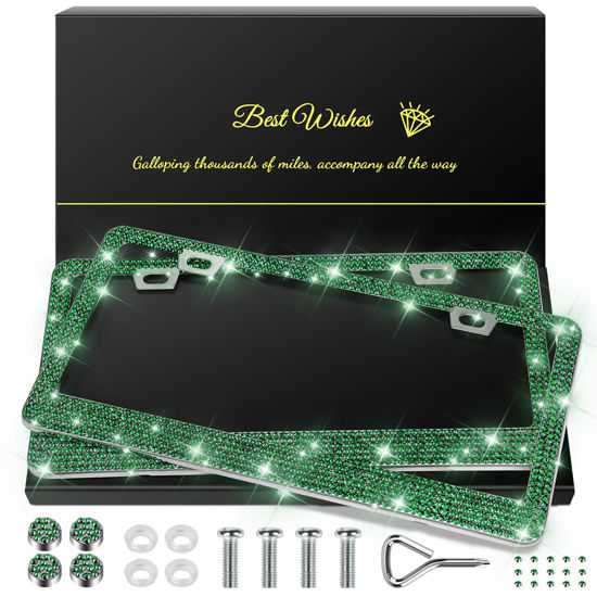 Picture of QUANQIUFEI 2 Pack Bling License Plate Frames for Women, Sparkly Rhinestone Diamond Car Accessories with Glitter Crystal Caps (Dark Green)