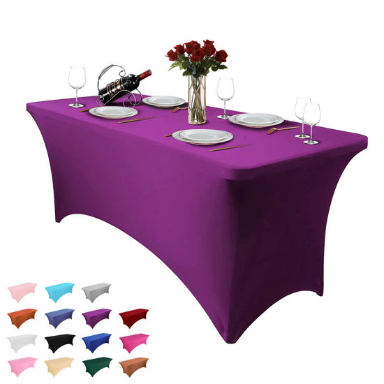 Picture of Hussome 8FT Table Cloth for Rectangle Table Purple Tablecloth Rectangular Fitted Stretch Spandex Table Covers 8 ft for Birthday, Cocktail, Wedding, Banquet Easter Party