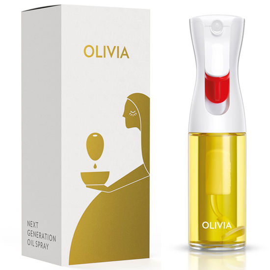 Picture of FLAIROSOL OLIVIA. The Original Advanced Oil Sprayer for Cooking, Kitchen, Salads, BBQs, Continuous Spray with Portion Control, 130ml Glass Olive Oil Sprayer(White Print)