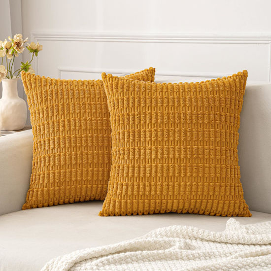 Picture of MIULEE Pack of 2 Corduroy Decorative Throw Pillow Covers 18x18 Inch Soft Boho Striped Pillow Covers Modern Farmhouse Fall Home Decor for Sofa Living Room Couch Bed Gold Yellow