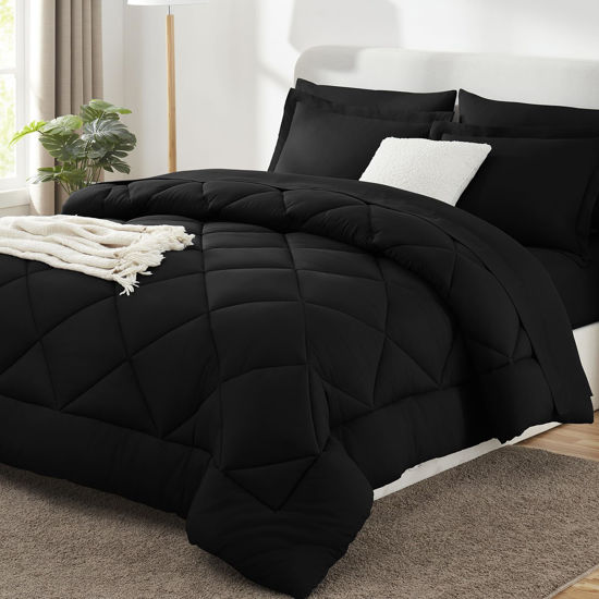 Picture of CozyLux Queen Comforter Set with Sheets 7 Pieces Bed in a Bag Black All Season Bedding Sets with Comforter, Pillow Shams, Flat Sheet, Fitted Sheet and Pillowcases