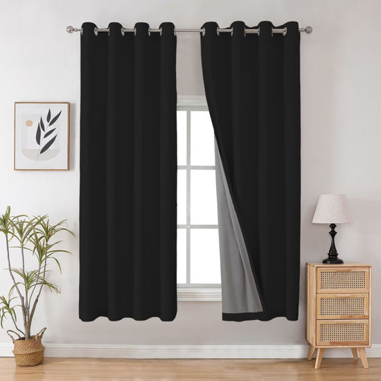 Picture of Joydeco 100% Blackout Curtains 72 Inch Long, Black Black Out Curtains for Bedroom Windows, Room Darkening Thermal Insulated Short Textured Grommets Drapes for Living Room