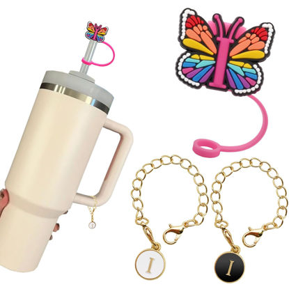 Picture of （1+2）Butterfly Straw Cover for Stanley Cup 30&40 Oz 10mm Straw Topper with 2PCS Stanley Cup Accessories Letter Charms Name ID Initial Letter Handle Personalized Charm For Stanley Tumbler (Letter I)